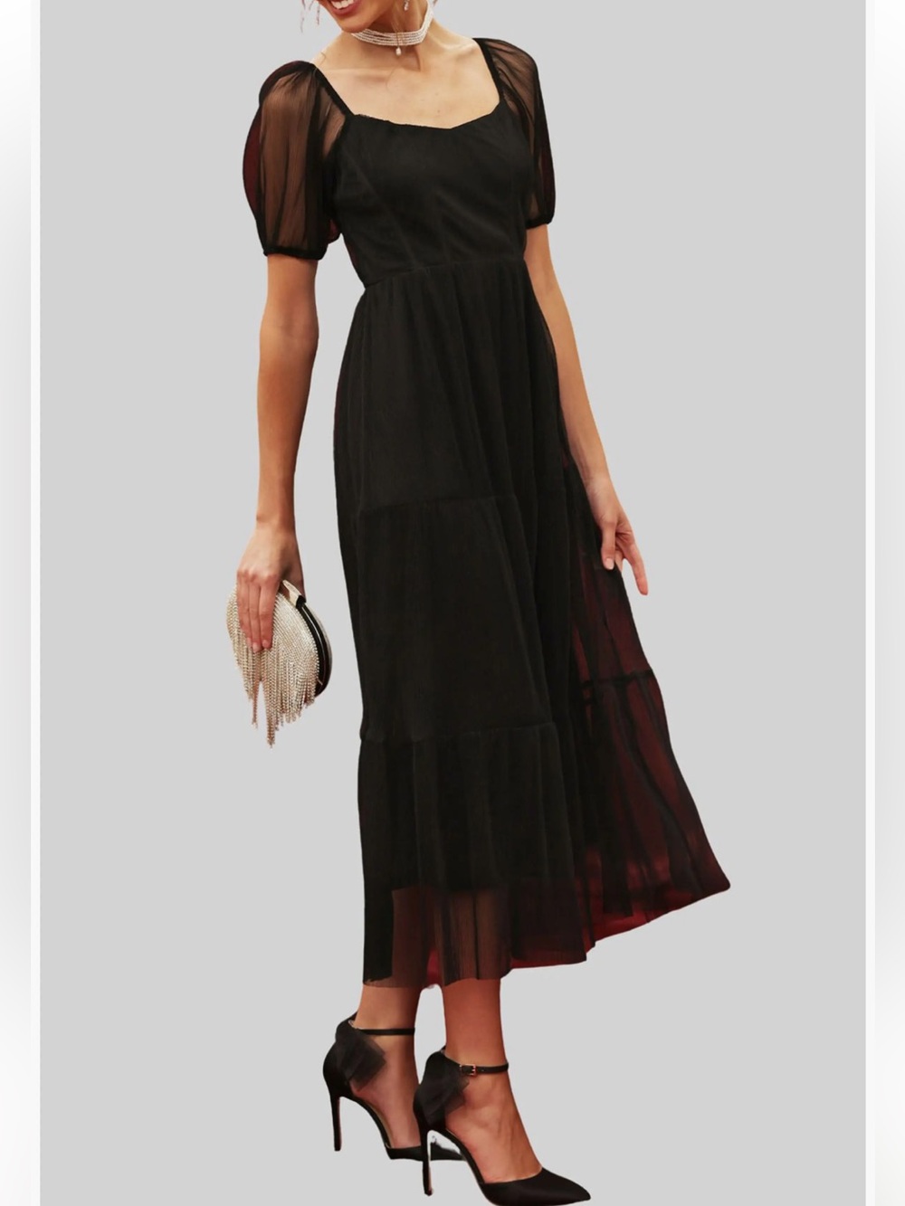 Blu Pepper Black Organza Puff Sleeve Tiered Midi Dress 6